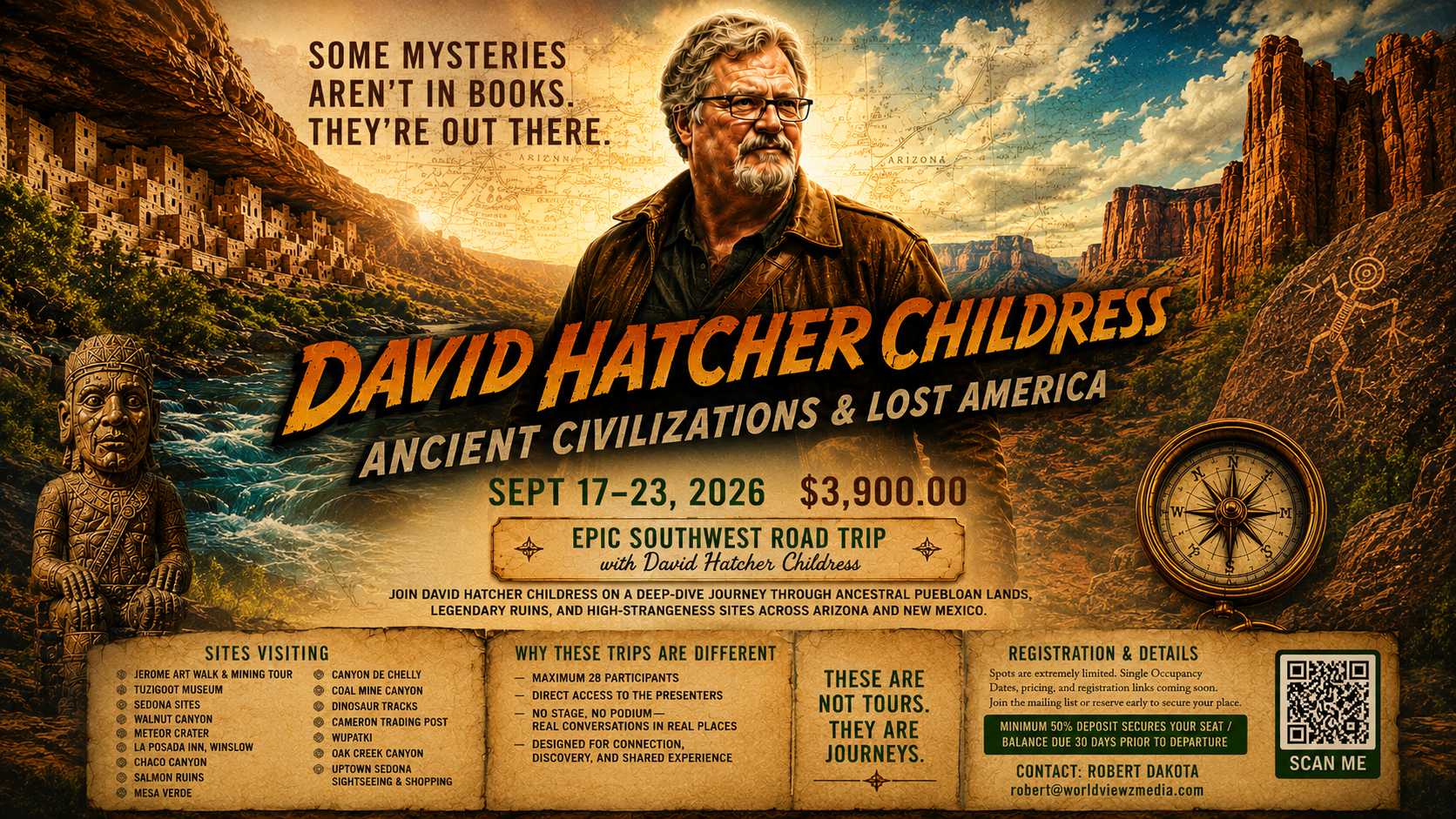Ancient Southwest Journeys promotional poster featuring David Hatcher Childress and Southwest expedition sites