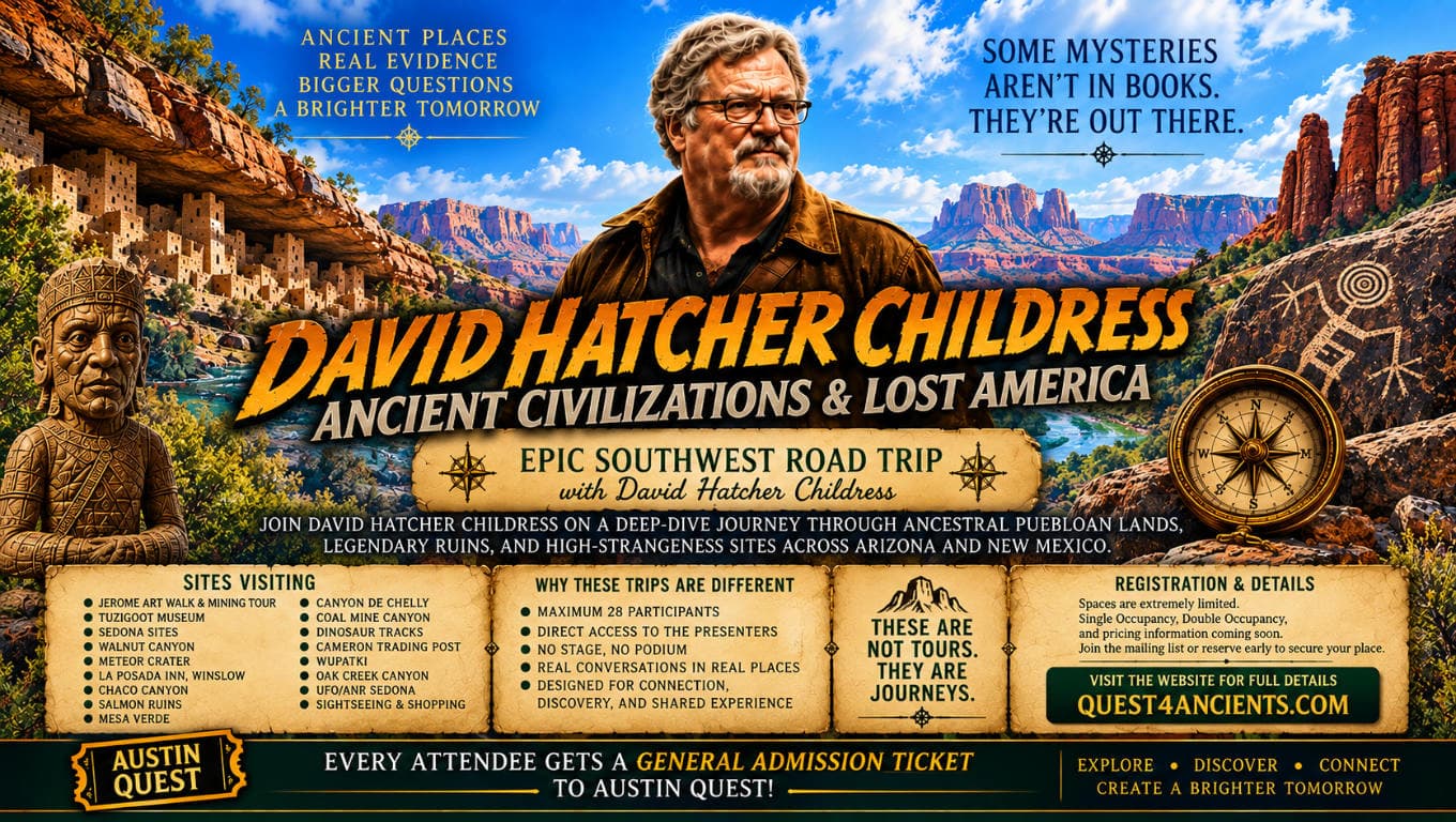 Ancient Southwest Journeys promotional poster featuring David Hatcher Childress and Southwest expedition sites
