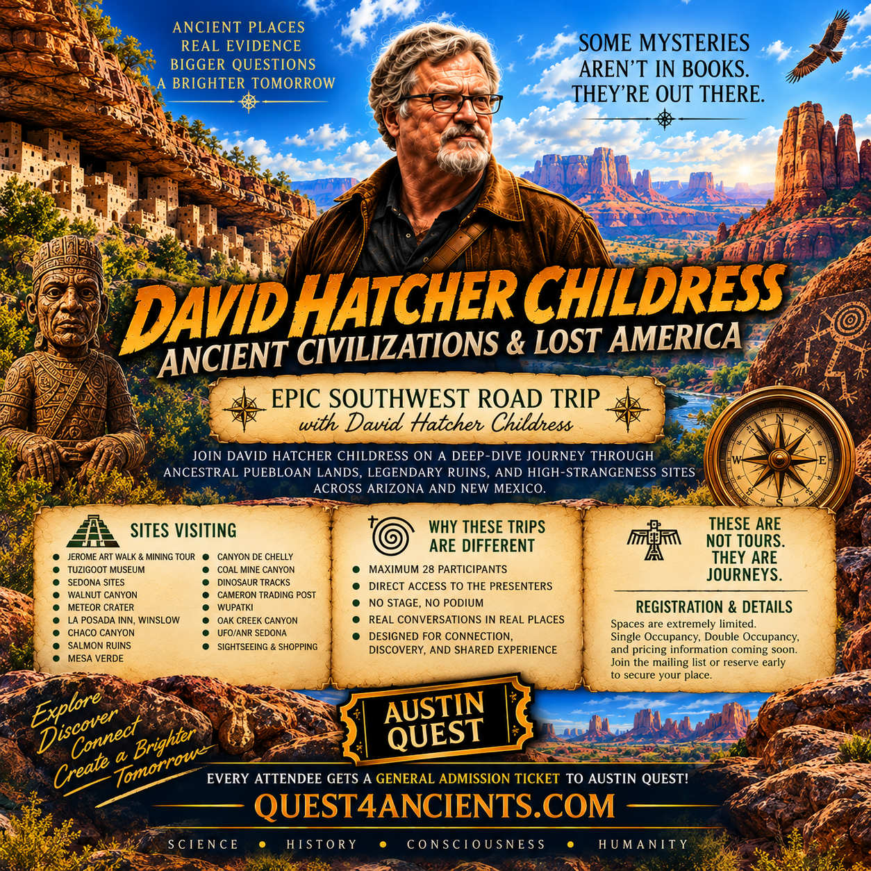Ancient Southwest Journeys promotional poster featuring David Hatcher Childress and Southwest expedition sites